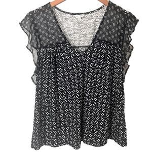 Lucky Brand Black Floral Geo Flutter Sleeve Blouse Women’s XL Romantic Babydoll